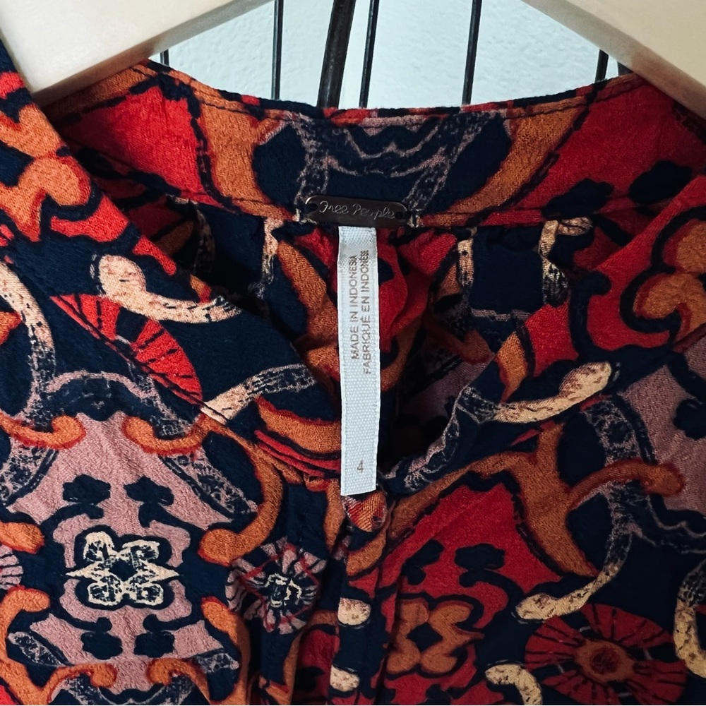 Free People Get Together Navy Orange Bohemian Print Rayon Sleeveless Mini Dress - Picture 5 of 6